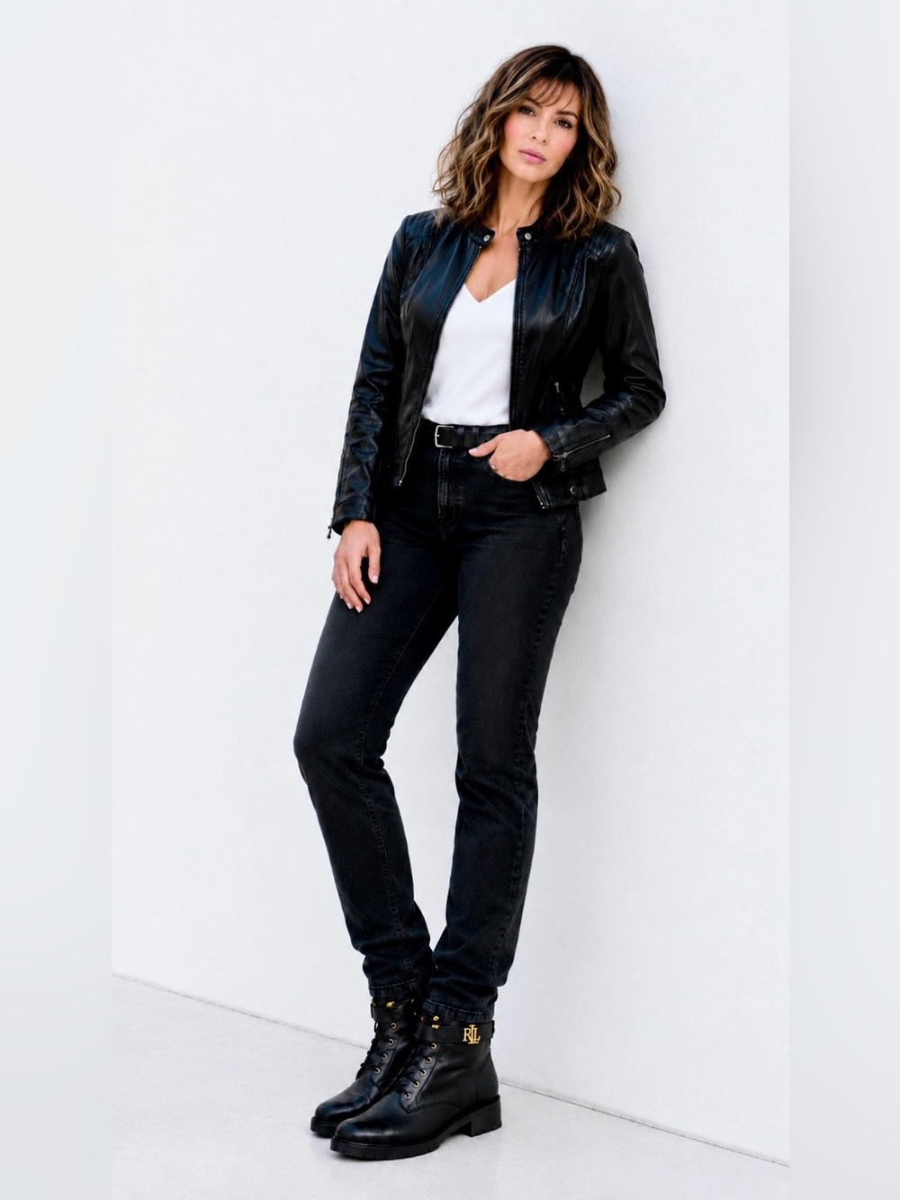 Ralph Lauren Black Leather RL Logo Lace-Up Moto Boots with Gold Hardware 7